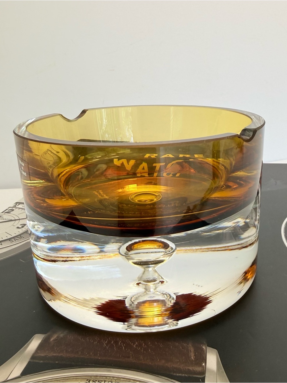 Vintage Krosno Poland Amber Topaz Crystal Ashtray MCM Teardrop Heavy Art Glass